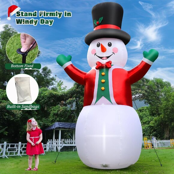 ⚡12FT Christmas Inflatable Snow Man Wear Magic Hat & Red Suit Outdoor Decoration - Picture 5 of 6